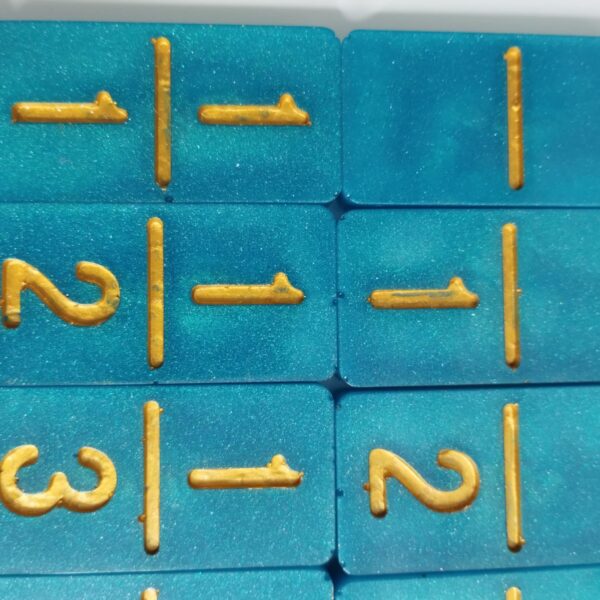 Jeu de dominos bleu-vert à chiffres dorés