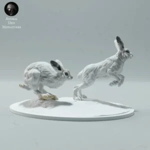 Figurine détaillée de deux lièvres en train de jouer à l'échelle 1/16, capturant fidèlement les caractéristiques physiques des animaux. Idéale pour les collectionneurs, les amateurs de modèles réduits et les artistes cherchant à créer des dioramas réalistes.