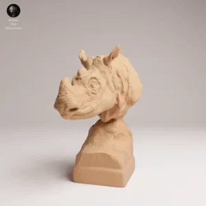 Gros plan sur le visage du buste rhinocéros de Sumatra à peindre, montrant les détails impressionnants de la corne et les plis de la peau autour des yeux.