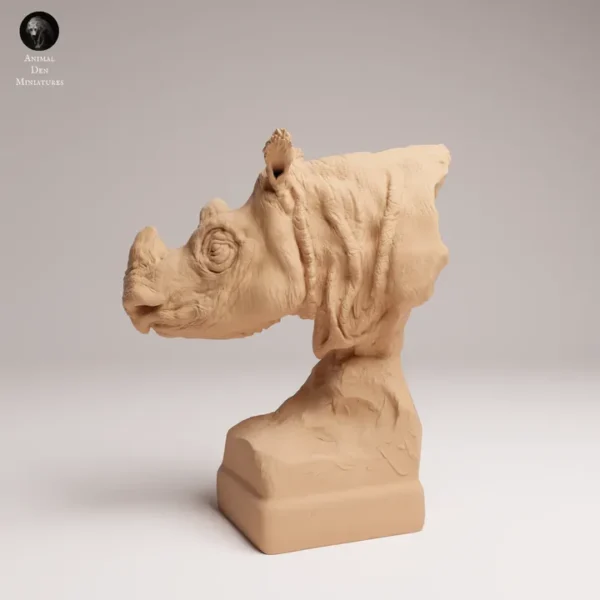 Buste de rhinocéros de Sumatra en résine 3D à l'échelle 1/16, idéal pour collectionneurs et dioramas réalistes.