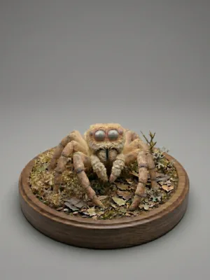 Vue de face d'une figurine araignée sauteuse à peindre, posée sur une table en bois, montrant ses grands yeux expressifs prêts à être mis en couleur.