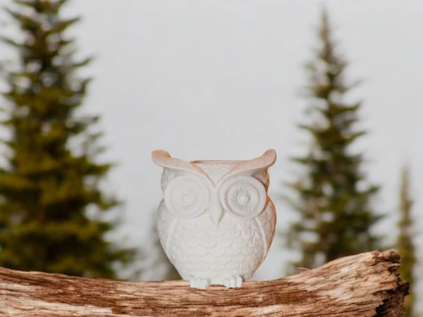 Pot en jesmonite en forme de hibou avec détails sculptés, parfait pour ranger des stylos et des crayons.