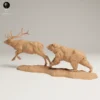 Figurine de combat réaliste Élan vs Ours à l'échelle 1/24, imprimée en résine 3D, capture l'intensité d'un élan fuyant un ours en colère.