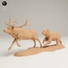 Figurine de combat réaliste Élan vs Ours à l'échelle 1/24, imprimée en résine 3D, capture l'intensité d'un élan fuyant un ours en colère.