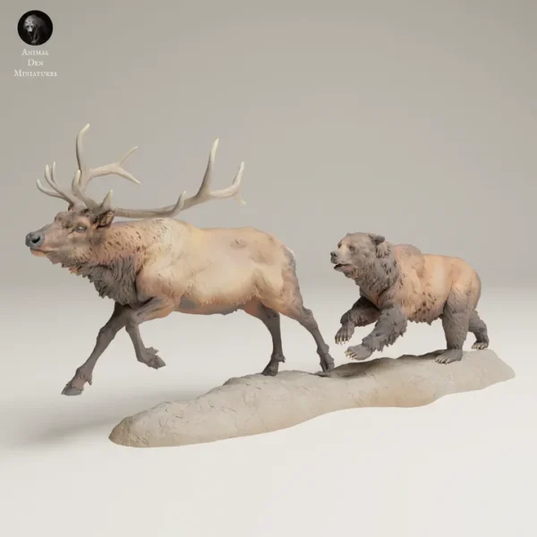 Figurine de combat réaliste Élan vs Ours à l'échelle 1/24, imprimée en résine 3D, capture l'intensité d'un élan fuyant un ours en colère.