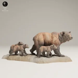 Figurine d'ourse avec ses petits en résine, détails réalistes du pelage.