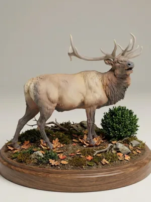 maquette-animaliere-diorama-mise-en-situation Figurine animal de la forêt miniature placée dans un décor naturel avec de la mousse et des brindilles pour donner une idée de son intégration dans un diorama.