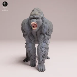 Vue de face d'une figurine gorille hurlant à peindre, montrant la gueule grande ouverte et les muscles tendus du torse.