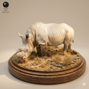 Photographie détaillée d'un modèle réduit de rhinocéros blanc sur un diorama miniature réaliste représentant la savane africaine. La figurine, d'aspect résine non peinte de couleur grès, est au centre. Le diorama, monté sur une base en bois poli, comprend de l'herbe sèche, des traces de boue craquelée avec empreintes, des excréments miniatures et un petit point d'eau. Une plaque dorée est fixée sur la base avec l'inscription gravée 'RHINOCÉROS BLANC'. Le logo d'Animal Den Miniatures est visible dans le coin supérieur gauche. L'arrière-plan montre une savane au coucher du soleil avec des acacias.