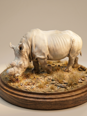 Photographie détaillée d'un modèle réduit de rhinocéros blanc sur un diorama miniature réaliste représentant la savane africaine. La figurine, d'aspect résine non peinte de couleur grès, est au centre. Le diorama, monté sur une base en bois poli, comprend de l'herbe sèche, des traces de boue craquelée avec empreintes, des excréments miniatures et un petit point d'eau. Une plaque dorée est fixée sur la base avec l'inscription gravée 'RHINOCÉROS BLANC'. Le logo d'Animal Den Miniatures est visible dans le coin supérieur gauche. L'arrière-plan montre une savane au coucher du soleil avec des acacias.