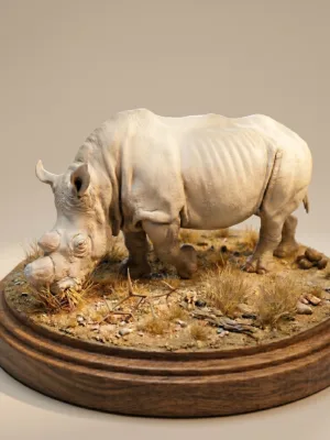 figurine-rhinoceros-blanc-nord-profil Vue de profil d'une figurine rhinocéros blanc du nord à peindre montrant l'animal dans une posture paisible de nourrissage, la tête penchée vers le sol.