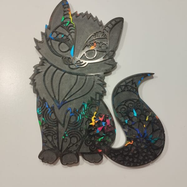 Décoration murale chat en résine époxy avec effet holographique 3D, design tribal élégant