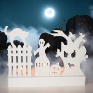 Bougeoir Halloween en Jesmonite 16.5x7.5x12.5 cm avec décor cimetière, citrouille et ambiance lumineuse