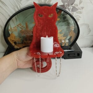Porte-bijoux chat rouge en résine époxy avec yeux en croissant de lune et étoiles gravées