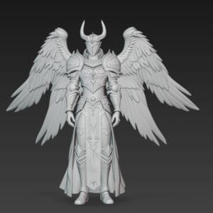 Miniature Guerrier Céleste ailé 50 mm en résine SLA, vue de face avec armure détaillée