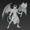 Vue de face d'une figurine de démon guerrier ailé non peinte, montrant sa musculature imposante et sa gueule féroce prête à terroriser les aventuriers.