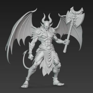 Vue de face d'une figurine de démon guerrier ailé non peinte, montrant sa musculature imposante et sa gueule féroce prête à terroriser les aventuriers.