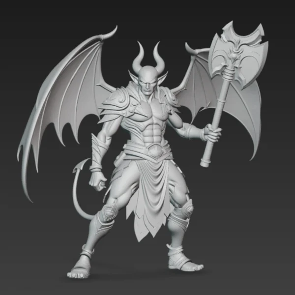 Vue de face d'une figurine de démon guerrier ailé non peinte, montrant sa musculature imposante et sa gueule féroce prête à terroriser les aventuriers.