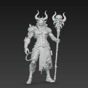 Miniature démon guerrier 60 mm en résine SLA, bâton à crâne et cornes recourbées
