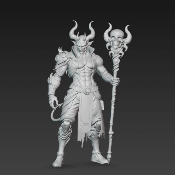 Miniature démon guerrier 60 mm en résine SLA, bâton à crâne et cornes recourbées