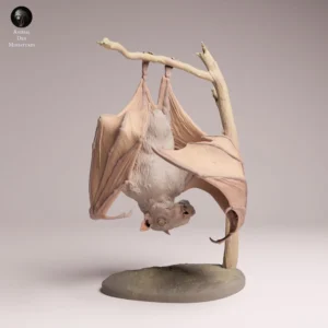 Vue d'ensemble de la figurine chauve-souris tête de marteau en résine, suspendue la tête en bas sur sa branche texturée.