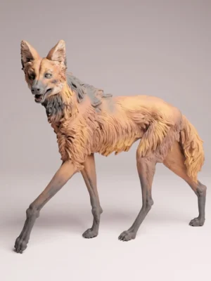 figurine-loup-criniere-affame-diorama Figurine loup à crinière pour diorama montrant une anatomie décharnée et très détaillée, posée sur un fond neutre pour apprécier les volumes.