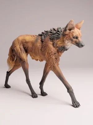 figurine-loup-criniere-marche Figurine d'un loup à crinière en marche, sculptée avec précision en résine pour s'intégrer parfaitement dans un diorama naturaliste.