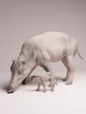 set-babirusa-adulte-petit-resine Un babirusa adulte miniature en résine grise accompagné de son petit, marchant avec curiosité sur un sol de forêt tropicale texturé.