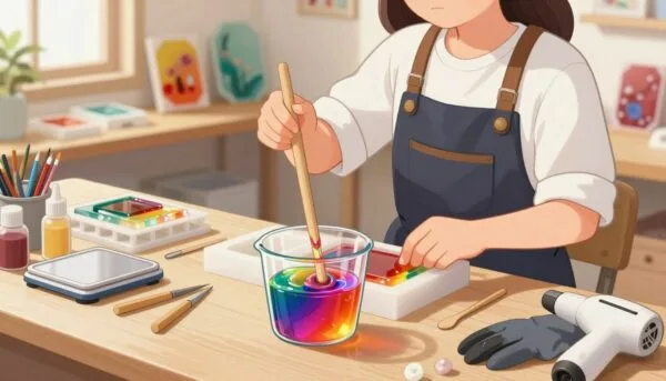 A beautifully arranged workspace showcasing the process of working with epoxy resin. In the foreground, a clear mixing cup filled with vibrant, colorful epoxy resin is being stirred with a wooden stick. On the side, there are tools like a scale, gloves, and a heat gun. In the middle ground, an artisan in professional attire diligently pours the mixed resin into a mold, showcasing the pouring technique. The background features a well-organized workshop with shelves holding various molds, pigments, and finished resin art pieces. Soft, natural lighting illuminates the scene from a window, creating a warm and inviting atmosphere. The focus is sharp on the epoxy process, capturing a moment of creativity and craftsmanship in action.