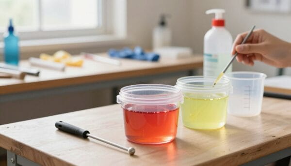 A clean, organized workspace featuring a close-up of epoxy resin components. In the foreground, two clear containers filled with vibrant, colored epoxy and a hardener, showcasing the glossy, fluid texture. A mixing stick and measuring cups lie beside them. In the middle, a well-used workbench with scattered tools, gloves, and cleaning supplies, indicating preparation for cleaning. The background shows a soft-focus on a bright window, letting in natural light, enhancing the transparency and gloss of the resin. The atmosphere is professional and inviting, with a sense of focus and creativity, inviting the viewer to understand and explore the process of working with epoxy. The lighting is soft and natural, creating an ambient glow without harsh shadows.