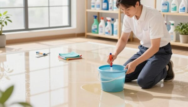 A clean, well-lit indoor space showcasing a shiny, resin-coated floor, reflecting natural light from large windows. In the foreground, a person dressed in modest, professional attire is kneeling next to a small bucket filled with cleaning solution, demonstrating effective epoxy removal techniques. The middle ground features scattered tools like a scraper, cloths, and a gentle cleaning agent. In the background, shelves display neatly organized cleaning supplies, while a hint of greenery from potted plants adds a touch of freshness to the atmosphere. The angle captures the person's focused expression, emphasizing the methodical approach to cleaning. The overall mood is one of diligence and professionalism, highlighting a practical solution for maintaining surfaces coated with epoxy.