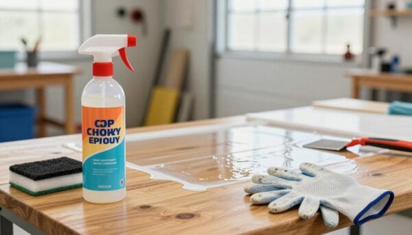 A clean, well-organized workspace featuring an epoxy cleaner prominently displayed on a wooden table. In the foreground, a bottle of colorful epoxy cleaner with a sleek design is placed next to a scrubbing pad and a pair of protective gloves. The middle section shows a partially cleaned surface revealing a shiny finish where the cleaner was used, immediately catching the viewer's attention. In the background, there should be a blurred image of a small garage or workshop filled with tools, emphasizing a professional setting. Natural light streams in through a window, creating a bright and inviting atmosphere. The overall mood should convey efficiency and cleanliness, showcasing the effective use of epoxy cleaner in a practical application.