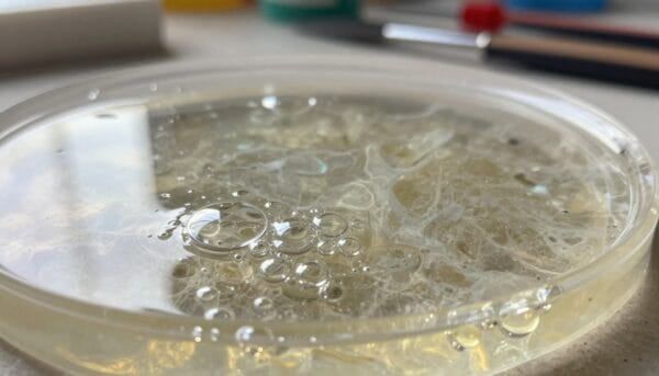 A close-up view of a clear epoxy resin surface, featuring intricate air bubbles trapped within, showcasing a realistic texture and depth. The foreground highlights the bubbles, with light refracting through them, creating a shimmering effect. In the middle ground, the smooth surface of the resin contrasts with subtle imperfections and a few glossy areas, enhancing its organic look. The background remains softly blurred, suggesting a workshop environment with tools and materials subtly hinted at in muted colors. The lighting is bright and natural, casting gentle shadows that emphasize the bubbles' contours and the resin's clarity. The overall mood is focused and insightful, reflecting a hands-on approach to solving common issues with epoxy resin.