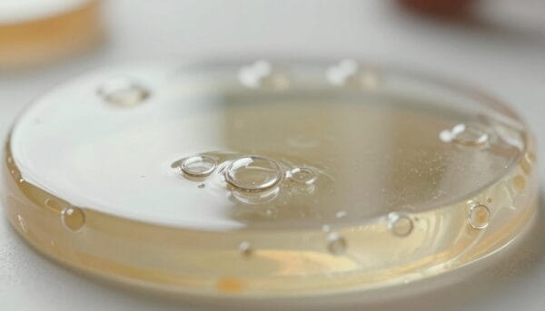 A close-up view of a clear epoxy resin surface, showcasing trapped air bubbles in various sizes. In the foreground, the glossy resin layer reflects light, creating a sense of depth and transparency. Soft, diffused natural lighting enhances the clarity and highlights the intricate details of the bubbles, adding a touch of realism. The middle ground displays a smooth, slightly wavy surface, illustrating the design potential of epoxy. The background is blurred to emphasize the epoxy itself, evoking a creative atmosphere. The overall mood is serene and artistic, inviting viewers to appreciate the beauty and challenges in working with epoxy resin. The composition should focus solely on the resin without any distractions.