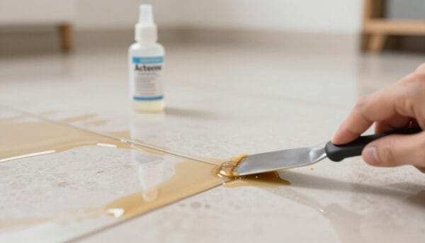 A close-up view of a tiled floor with visible epoxy resin stains, showing the details of the tile texture and the glossy surface of the resin. In the foreground, a hand holding a small scraper is seen, demonstrating the action of removing the residue. The middle section captures both the stained tiles and a small bottle of acetone, with a soft-focus background of a well-lit indoor setting that suggests a home or workshop. The lighting is bright and even, creating an atmosphere of cleanliness and focus on cleaning efforts. The angle is slightly overhead, emphasizing the activity and the workspace. The overall mood is practical and informative, highlighting effective cleaning methods.