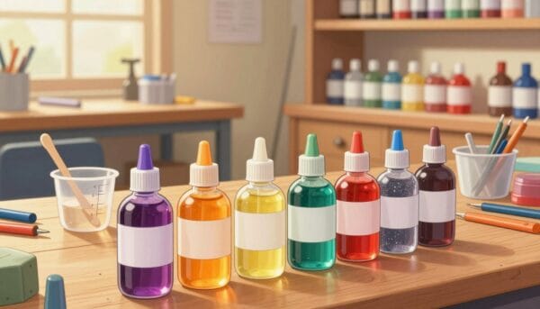 A comprehensive visual representation of different types of epoxy resins displayed in an elegant workshop setting. In the foreground, various epoxy resin samples are arranged in clear bottles, showcasing vibrant colors and textures, such as glossy, matte, and glitter-infused finishes. In the middle ground, a wooden workbench is cluttered with tools like measuring cups and stirring sticks, hinting at the crafting process. In the background, soft workshop lighting illuminates shelves filled with additional resin products and equipment, creating a warm and inviting atmosphere. The scene is captured from a slightly elevated angle, allowing viewers to appreciate the details while maintaining a professional, informative ambiance, emphasizing the subject of epoxy resins in a captivating way.