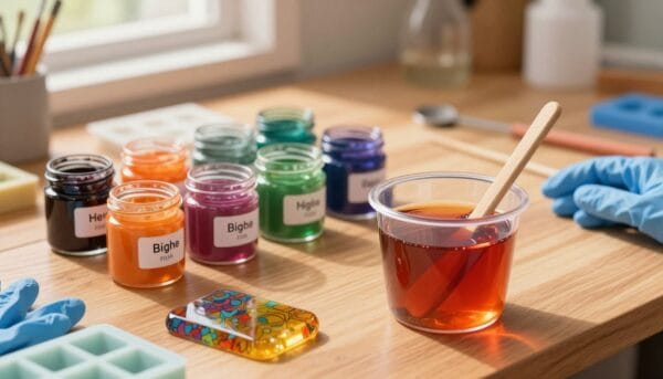 A detailed close-up of various epoxy resin samples displayed on a wooden table, showcasing their vibrant colors and intricate patterns. In the foreground, focus on a glossy, freshly mixed resin in a transparent cup, with a wooden stir stick beside it. In the middle ground, arrange smaller jars filled with different resin pigments, featuring labels with color names. The background should consist of a blurred workspace with tools like gloves, mixing sticks, and silicone molds to create a creative atmosphere. Soft, natural light filters in from a nearby window, highlighting the resins and casting gentle shadows. The overall mood is professional and inviting, ideal for an informative guide on epoxy resin purchasing.