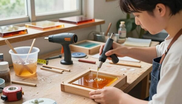A professional setting demonstrating the application of epoxy resin. In the foreground, a skilled artisan is pouring a vibrant, crystal-clear epoxy resin mixture into a wooden mold, wearing modest casual clothing. The middle layer shows a workbench cluttered with tools such as mixing cups, wooden stirrers, and a tape measure, alongside tools like a heat gun or torch for bubble removal. In the background, soft natural light filters through a workshop window, illuminating various finished epoxy projects, like coasters and tables, showcasing the glossy surface and depth of the resin. The overall atmosphere is one of creativity and craftsmanship, conveying the meticulous process of epoxy resin application.