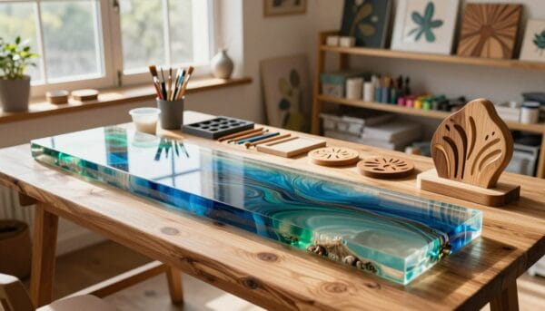 A serene workspace featuring an array of creative epoxy resin and wood projects. In the foreground, a beautifully crafted wooden table holds a translucent epoxy river table, showcasing mesmerizing hues of blue and green. Next to it, intricate coasters and artistic abstract sculptures made of wood and resin capture reflections of light. The middle scene includes a well-organized selection of tools—brushes, molds, and mixing cups—illuminated by soft, natural daylight streaming through a large window. The background reveals shelves lined with finished projects and art supplies, creating an atmosphere of creativity and craftsmanship. The entire image is captured with a wide-angle lens to emphasize depth, reflecting a warm, inviting mood that inspires artistic exploration.