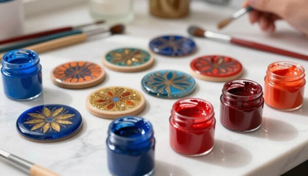 A vibrant display of epoxy resin pigments, artistically arranged in small containers, showcasing a spectrum of colors including deep blues, fiery reds, and shimmering golds. In the foreground, focus on a few open jars with pigments glistening under soft, diffused natural light, casting gentle shadows on a white marble surface. In the middle ground, a selection of painted coasters and small decorative pieces reveal the effects of these pigments in resin, with intricate patterns and rich textures. In the background, a blurred view of an artist's workspace, complete with brushes and mixing tools hinting at a creative process in action. The atmosphere is warm and inspiring, perfect for stimulating creativity and personalization techniques.