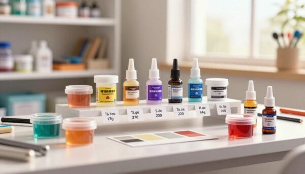 A visually striking comparison of various epoxy resin products showcased on a modern desk. In the foreground, several small containers of epoxy resin in different colors and sizes, neatly arranged alongside color swatches demonstrating finish options. The middle layer features pricing tags attached to each container, indicating different price points and brands. In the background, soft-focus shelves lined with additional epoxy tools and mixtures, illuminated by natural light streaming through a nearby window, creating a warm and inviting atmosphere. The scene conveys a sense of clarity and professionalism, perfect for an educational context about epoxy resin purchasing decisions. Use a shallow depth of field to emphasize the products in the foreground, while keeping the background slightly blurred.
