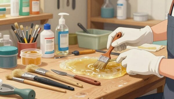 A well-lit workshop setting showcasing a variety of tools covered with epoxy resin. In the foreground, focus on a set of paintbrushes, scrapers, and small containers filled with solvents, meticulously arranged on a wooden workbench. The tools should appear slightly used, with traces of resin demonstrating their purpose. In the middle, a pair of gloved hands gently holds a tool, showcasing a safe cleaning method. The background features shelves adorned with cleaning supplies and neatly organized tools, emphasizing an efficient workspace. Soft, natural lighting enhances the textures of the resin and the tools, creating a calm and professional atmosphere. The image should evoke a sense of care and precision in cleaning methods, highlighting the importance of maintaining tools without damage.