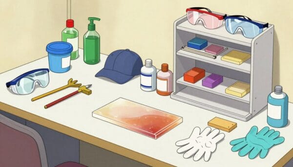 Image of a workspace with various tools and protective equipment for working with epoxy resin.