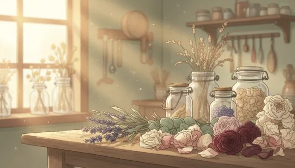 A beautifully arranged collection of dried flowers on a rustic wooden table. In the foreground, display a variety of dried blooms, such as lavender, eucalyptus, and roses, showcasing their delicate textures and muted colors. The middle ground features softly blurred, vintage glass jars filled with additional dried flowers, while in the background, there’s a subtle hint of a sunlit window, casting gentle, warm light that highlights the flowers' natural beauty. The atmosphere is serene and inviting, evoking a sense of nostalgia and craftsmanship. Use a shallow depth of field to emphasize the detail in the dried petals and leaves, with a soft focus on the background to suggest an artisanal workspace.