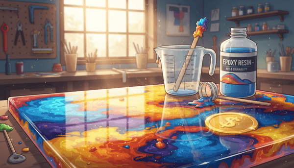 A captivating close-up image of a clear epoxy resin surface, showcasing its glossy and reflective qualities. The foreground features smooth, hardened resin with swirls of vibrant colors, demonstrating the artistic potential of epoxy applications. In the middle ground, there are tools like a measuring cup and a stir stick, hinting at the process of mixing resin. The background displays a softly blurred workshop setting with warm, diffused lighting, creating an inviting atmosphere. Capture the essence of durability and investment potential, emphasizing the long-lasting nature of epoxy. Use a slight downwards angle to highlight the texture and details of the resin, evoking a mood of craftsmanship and creativity.