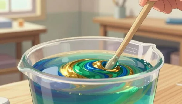 A close-up view of a clear epoxy resin in a mixing cup, showcasing its glossy surface and captivating colors. The foreground should display a swirl of vibrant hues—blues, greens, and metallic golds—merging into the clear resin, reflecting light beautifully. In the middle ground, a set of precise tools like a stirring stick and measuring cups should be arranged neatly, emphasizing the crafting process. The background should feature a softly blurred workshop setting, with faint outlines of wooden tables and tools, illuminated by warm, natural light streaming through a window. This scene should evoke a mood of creativity and craftsmanship, inviting viewers to explore the artistry of epoxy resin.