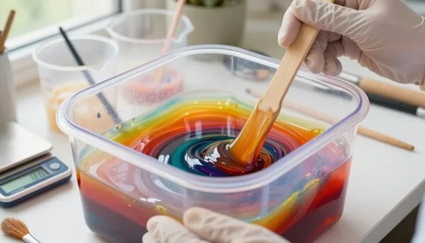 A close-up view of a clear mixing container filled with vibrant, colorful epoxy resin mixture, showcasing distinct layers of different colored resins being prepared. In the foreground, a hand in a professional glove gently stirs the mixture with a wooden stick, capturing the glossy texture and swirling patterns of the resin. The middle layer features various tools: measuring cups, a digital scale, and brushes used for application. The background includes a softly blurred workshop setting with natural light filtering through the window, highlighting the clear, glossy surfaces. The atmosphere is focused and professional, capturing the precision and care involved in epoxy resin preparation. Ensure the image is bright, with sharp details and a slightly elevated angle to emphasize the mixing process.