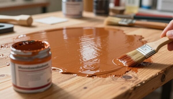 A close-up view of a glossy epoxy paint application on a wooden surface, showcasing rich colors and a smooth finish. In the foreground, the paint container is slightly tilted, revealing the vibrant hue within, while a paintbrush rests beside it, hinting at recent application. The middle ground captures the shiny, freshly painted surface, reflecting soft natural light that enhances the glossy texture and highlights subtle imperfections. In the background, a cluttered workshop can be seen with tools and equipment, suggesting a practical work environment. The overall atmosphere is one of industrious creativity, with a focus on detail, texture, and the craftsmanship involved in using epoxy paint. The lighting is warm, creating an inviting and engaging mood.