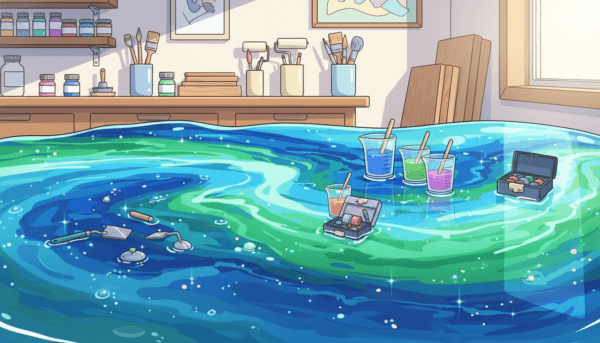 A close-up view of a glossy, freshly poured epoxy resin surface dominating the foreground. The resin is vividly colored in shades of blue and green, shimmering under bright, natural lighting. In the middle, toolkits and measuring cups can be seen, indicating the process of mixing and applying resin, with small sparkles of glitter dispersed throughout. The background features a workshop setting with neatly arranged supplies, such as paintbrushes and rollers, adding context to the crafting environment. The atmosphere is creative and professional, evoking a sense of meticulous artistry and quality craftsmanship involved in choosing and applying epoxy resin. Capture the image from a slightly elevated angle to emphasize the texture and depth of the resin.