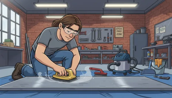 A close-up view of a metallic surface being prepared for epoxy paint application. In the foreground, a professional in modest casual attire is using a sanding block to smoothen the metal, highlighting the texture of the surface. In the middle ground, tools like a wire brush and a vacuum cleaner are neatly arranged, emphasizing cleanliness in the preparation process. The background features a well-lit industrial workshop with soft, diffuse lighting, casting gentle shadows that create a focused and serious atmosphere. The camera angle is slightly downward, capturing both the meticulous task and the organized setup, conveying a sense of professionalism and attention to detail in surface preparation.